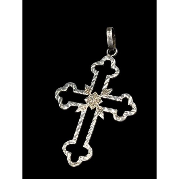 925 Mexico Large Etched Cross Pendant Signed GJ23 Sterling Silver - Picture 1 of 10